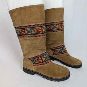 Vintage CATS Leather Tall Boots Boho Woven
